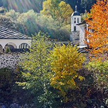 19th century Church of the Assumption, river and Autumn tree in town of Shiroka Laka, Smolyan Region, Bulgaria