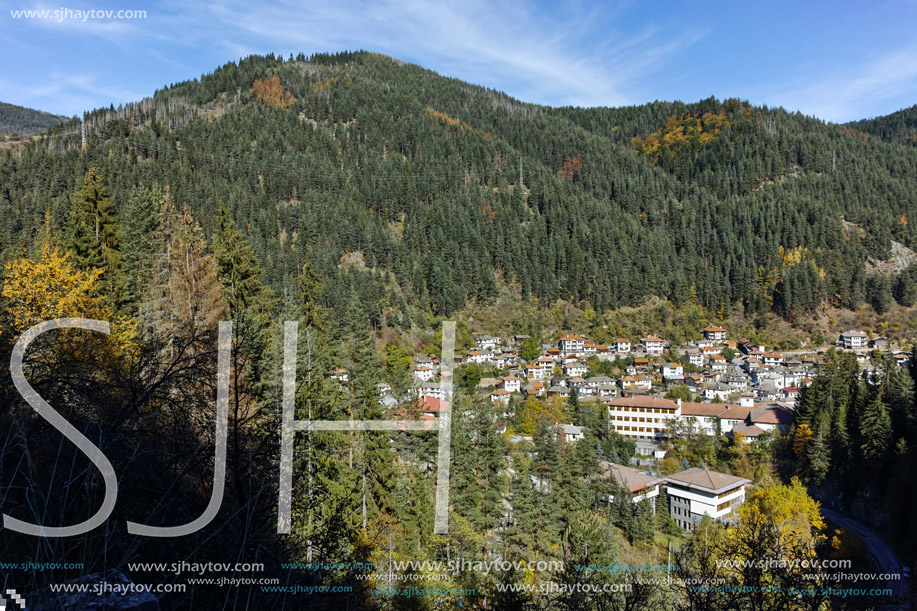 Panoramic view of town of Shiroka Laka and Rhodope Mountains, Smolyan Region, Bulgaria