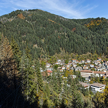 Panoramic view of town of Shiroka Laka and Rhodope Mountains, Smolyan Region, Bulgaria