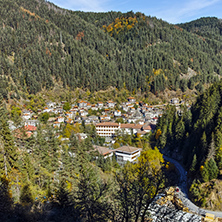 Panoramic view of town of Shiroka Laka and Rhodope Mountains, Smolyan Region, Bulgaria