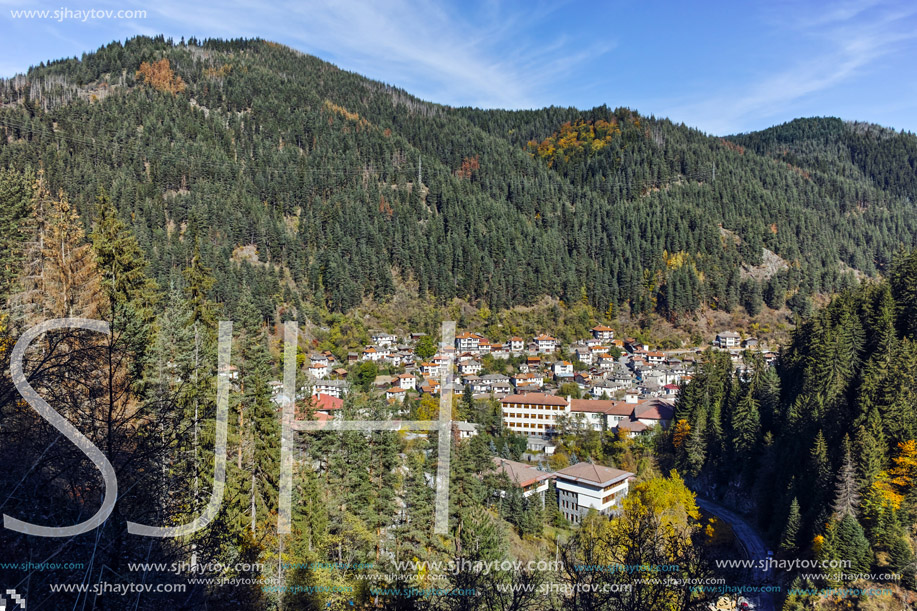 Panoramic view of town of Shiroka Laka and Rhodope Mountains, Smolyan Region, Bulgaria