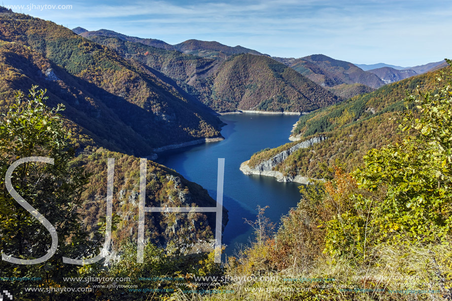 Autumn Panoramic view of Tsankov kamak Reservoir, Smolyan Region, Bulgaria