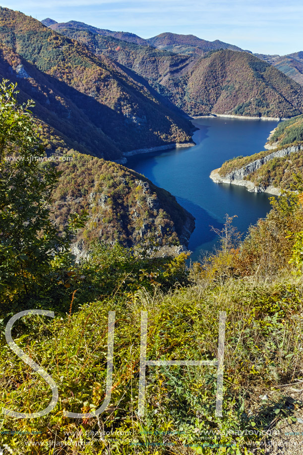 Autumn Panoramic view of Tsankov kamak Reservoir, Smolyan Region, Bulgaria