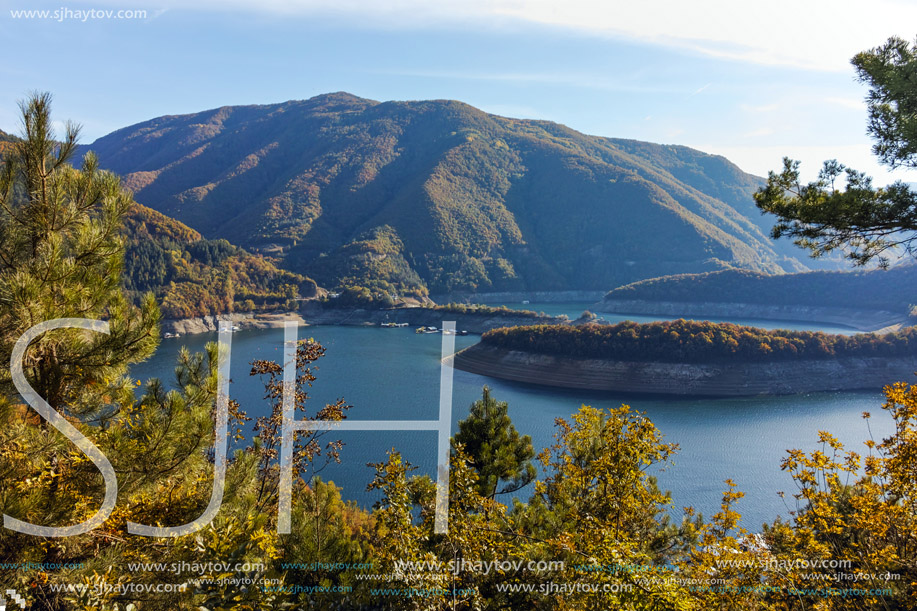 Autumn landscape of Meander of Vacha (Antonivanovtsy) Reservoir, Rhodopes Mountain, Bulgaria