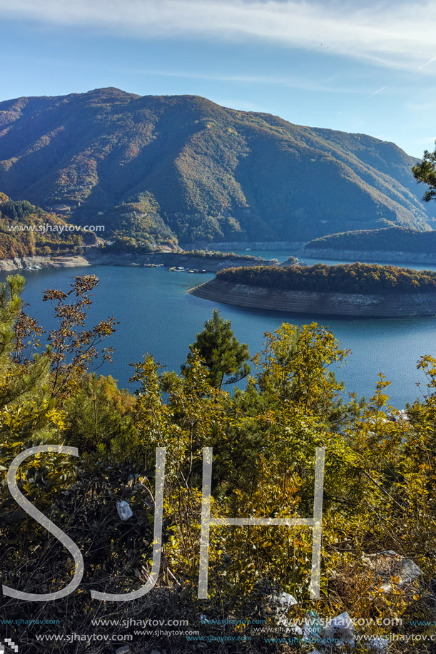 Autumn landscape of Meander of Vacha (Antonivanovtsy) Reservoir, Rhodopes Mountain, Bulgaria