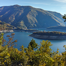 Autumn landscape of Meander of Vacha (Antonivanovtsy) Reservoir, Rhodopes Mountain, Bulgaria