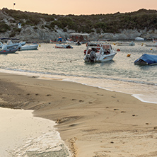 CHALKIDIKI, CENTRAL MACEDONIA, GREECE - AUGUST 26, 2014: Sunset view of Kalamitsi Beach at Sithonia peninsula, Chalkidiki, Central Macedonia, Greece