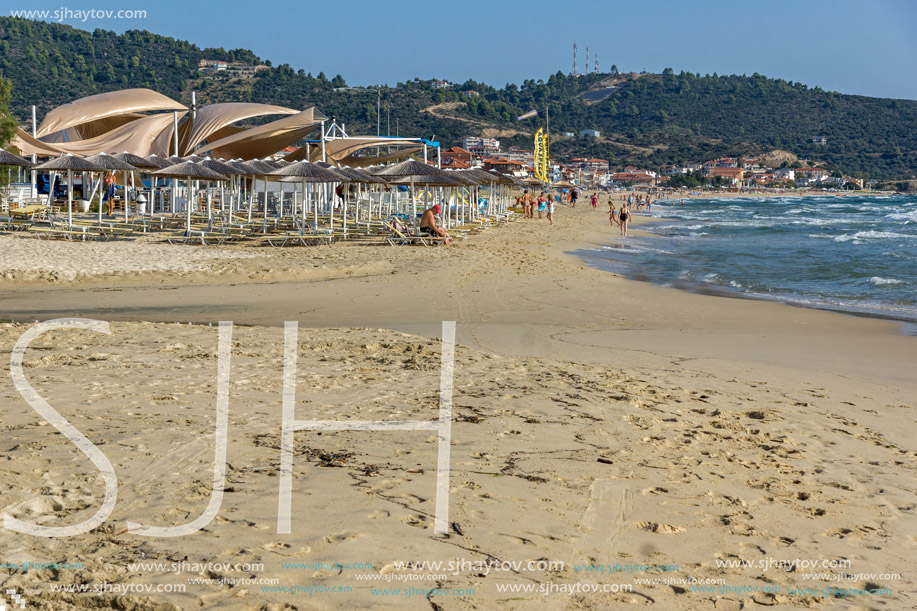 CHALKIDIKI, CENTRAL MACEDONIA, GREECE - AUGUST 26, 2014: Seascape of Sarti Beach at Sithonia peninsula, Chalkidiki, Central Macedonia, Greece