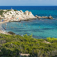 CHALKIDIKI, CENTRAL MACEDONIA, GREECE - AUGUST 26, 2014: Seascape of Orange Beach Kavourotripes at Sithonia peninsula, Chalkidiki, Central Macedonia, Greece