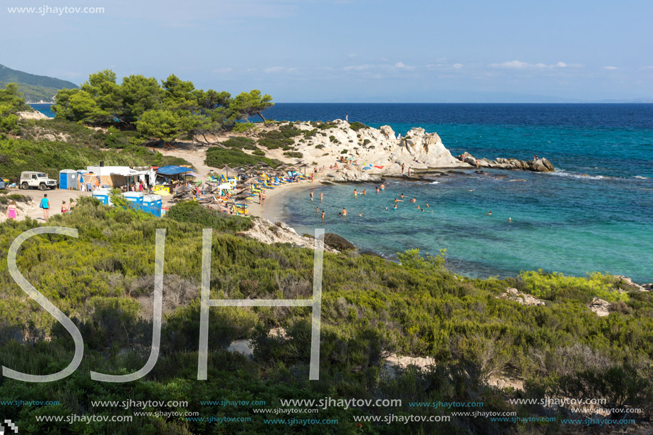 CHALKIDIKI, CENTRAL MACEDONIA, GREECE - AUGUST 26, 2014: Seascape of Orange Beach Kavourotripes at Sithonia peninsula, Chalkidiki, Central Macedonia, Greece