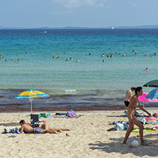 CHALKIDIKI, CENTRAL MACEDONIA, GREECE - AUGUST 26, 2014: Seascape of Karidi Beach Vourvourou at Sithonia peninsula, Chalkidiki, Central Macedonia, Greece