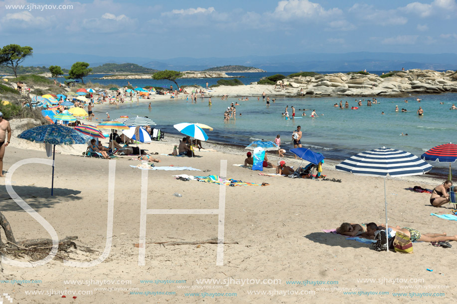 CHALKIDIKI, CENTRAL MACEDONIA, GREECE - AUGUST 26, 2014: Seascape of Karidi Beach Vourvourou at Sithonia peninsula, Chalkidiki, Central Macedonia, Greece