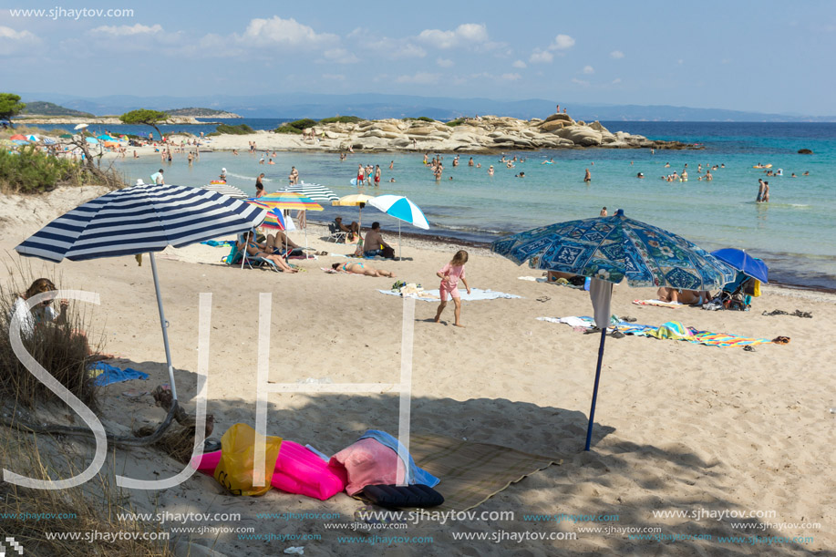CHALKIDIKI, CENTRAL MACEDONIA, GREECE - AUGUST 26, 2014: Seascape of Karidi Beach Vourvourou at Sithonia peninsula, Chalkidiki, Central Macedonia, Greece