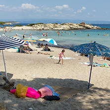 CHALKIDIKI, CENTRAL MACEDONIA, GREECE - AUGUST 26, 2014: Seascape of Karidi Beach Vourvourou at Sithonia peninsula, Chalkidiki, Central Macedonia, Greece