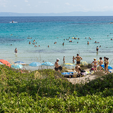 CHALKIDIKI, CENTRAL MACEDONIA, GREECE - AUGUST 26, 2014: Seascape of Karidi Beach Vourvourou at Sithonia peninsula, Chalkidiki, Central Macedonia, Greece