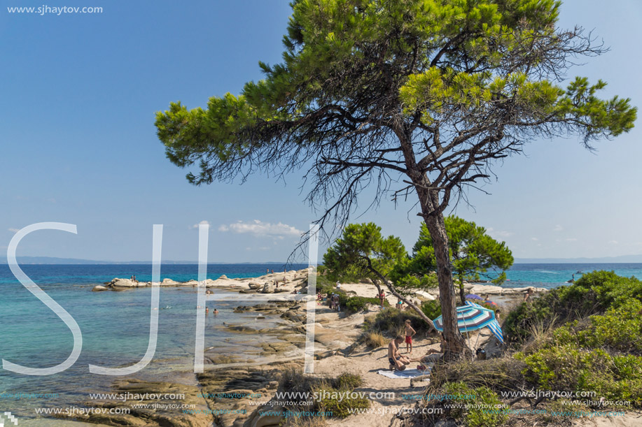 CHALKIDIKI, CENTRAL MACEDONIA, GREECE - AUGUST 26, 2014: Seascape of Karidi Beach Vourvourou at Sithonia peninsula, Chalkidiki, Central Macedonia, Greece