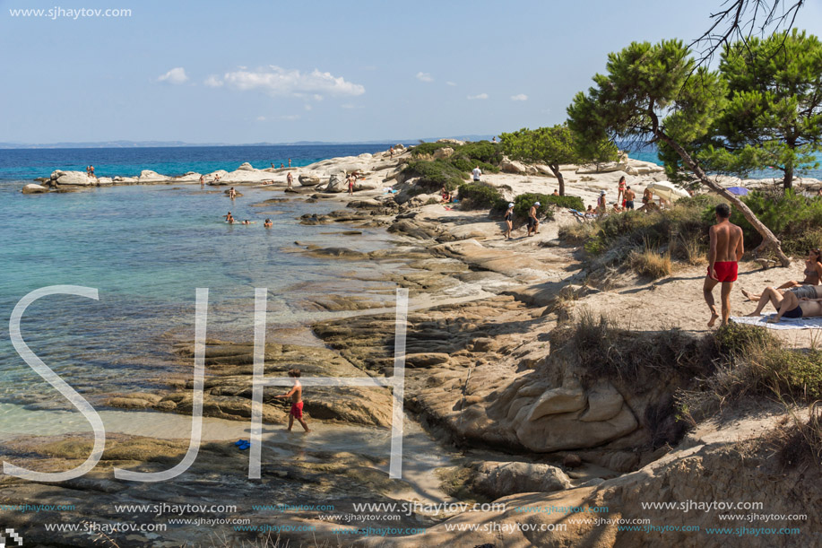 CHALKIDIKI, CENTRAL MACEDONIA, GREECE - AUGUST 26, 2014: Seascape of Karidi Beach Vourvourou at Sithonia peninsula, Chalkidiki, Central Macedonia, Greece