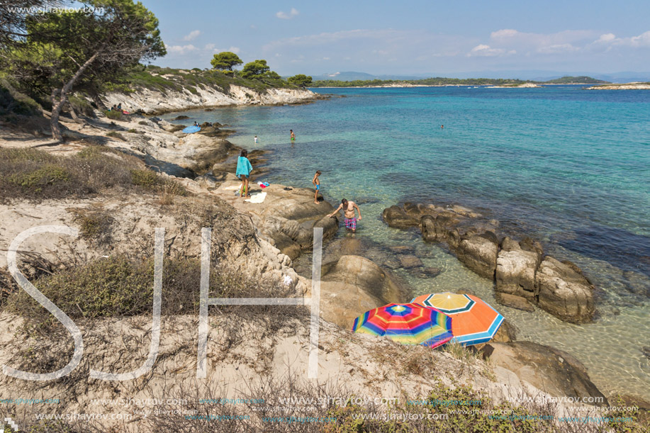 CHALKIDIKI, CENTRAL MACEDONIA, GREECE - AUGUST 26, 2014: Seascape of Karidi Beach Vourvourou at Sithonia peninsula, Chalkidiki, Central Macedonia, Greece