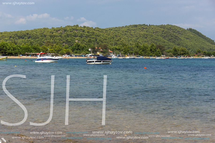 CHALKIDIKI, CENTRAL MACEDONIA, GREECE - AUGUST 26, 2014: Seascape of Beach of Vourvourou at Sithonia peninsula, Chalkidiki, Central Macedonia, Greece