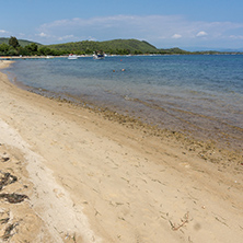 CHALKIDIKI, CENTRAL MACEDONIA, GREECE - AUGUST 26, 2014: Seascape of Beach of Vourvourou at Sithonia peninsula, Chalkidiki, Central Macedonia, Greece