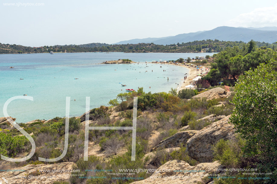 CHALKIDIKI, CENTRAL MACEDONIA, GREECE - AUGUST 26, 2014: Seascape of Lagonisi Beach at Sithonia peninsula, Chalkidiki, Central Macedonia, Greece