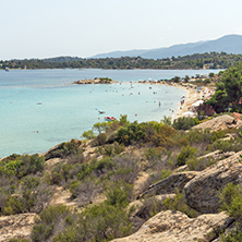 CHALKIDIKI, CENTRAL MACEDONIA, GREECE - AUGUST 26, 2014: Seascape of Lagonisi Beach at Sithonia peninsula, Chalkidiki, Central Macedonia, Greece