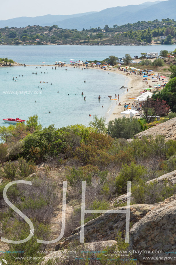 CHALKIDIKI, CENTRAL MACEDONIA, GREECE - AUGUST 26, 2014: Seascape of Lagonisi Beach at Sithonia peninsula, Chalkidiki, Central Macedonia, Greece