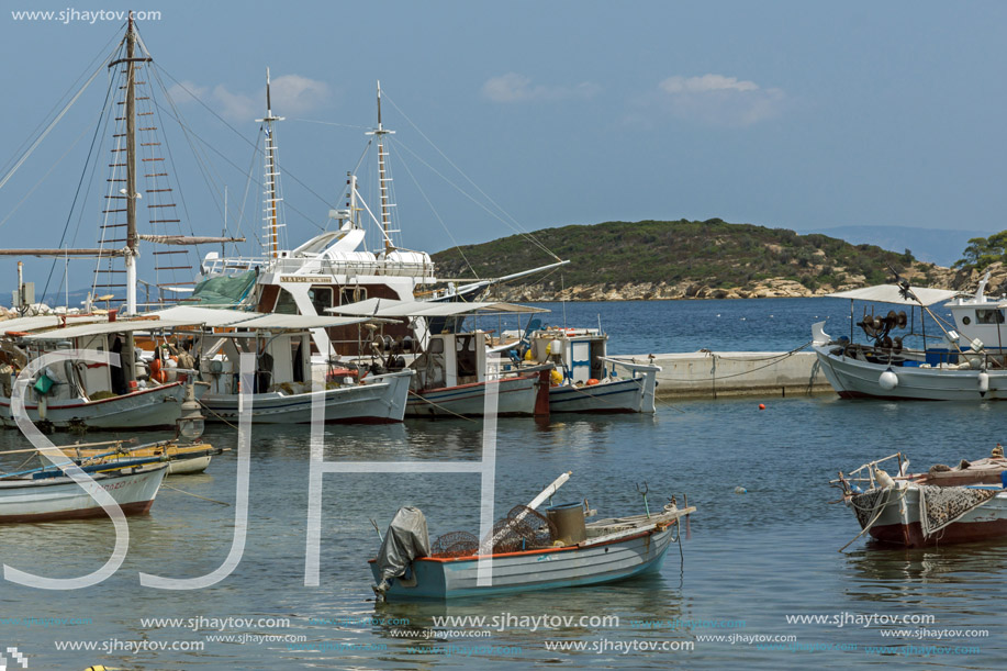 CHALKIDIKI, CENTRAL MACEDONIA, GREECE - AUGUST 26, 2014:  Panoramic view of town of Ormos Panagias at Chalkidiki, Central Macedonia, Greece