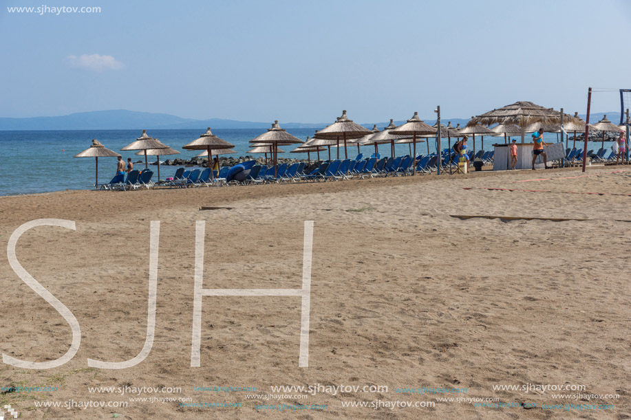 CHALKIDIKI, CENTRAL MACEDONIA, GREECE - AUGUST 26, 2014: Seascape of Stratoni beach at Chalkidiki, Central Macedonia, Greece