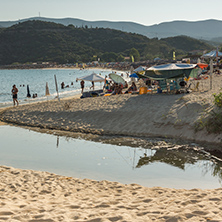 CHALKIDIKI, CENTRAL MACEDONIA, GREECE - AUGUST 25, 2014: Seascape of Kalamitsi Beach at Chalkidiki, Central Macedonia, Greece