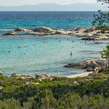 CHALKIDIKI, CENTRAL MACEDONIA, GREECE - AUGUST 26, 2014: Seascape of Orange Beach Kavourotripes at Sithonia peninsula, Chalkidiki, Central Macedonia, Greece