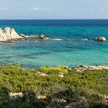 CHALKIDIKI, CENTRAL MACEDONIA, GREECE - AUGUST 26, 2014: Seascape of Orange Beach Kavourotripes at Sithonia peninsula, Chalkidiki, Central Macedonia, Greece