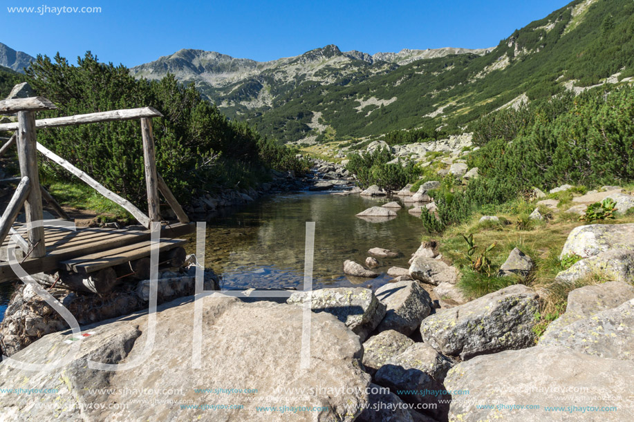 Wooden bridge over Mountain river and Banderishki Chukar peak, Pirin Mountain, Bulgaria