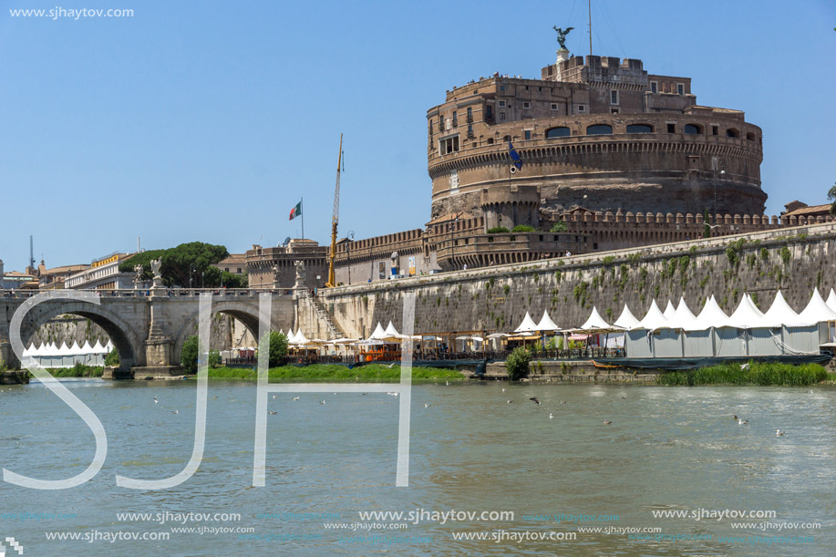 ROME, ITALY - JUNE 22, 2017: Amazing view of St. Angelo Bridge,  Tiber River and castle st. Angelo in city of Rome, Italy