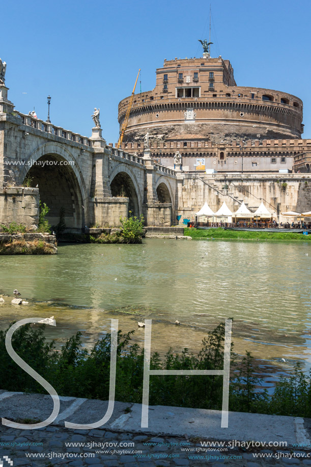 ROME, ITALY - JUNE 22, 2017: Amazing view of St. Angelo Bridge,  Tiber River and castle st. Angelo in city of Rome, Italy