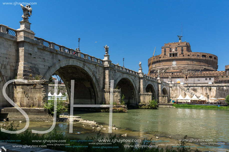 ROME, ITALY - JUNE 22, 2017: Amazing view of St. Angelo Bridge,  Tiber River and castle st. Angelo in city of Rome, Italy