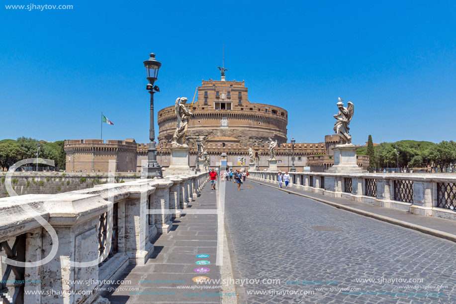 ROME, ITALY - JUNE 22, 2017: Amazing view of St. Angelo Bridge and castle st. Angelo in city of Rome, Italy