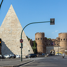 ROME, ITALY - JUNE 22, 2017: Amazing view of Pyramid of Caius Cestius and Porta St. Paolo in city of Rome, Italy