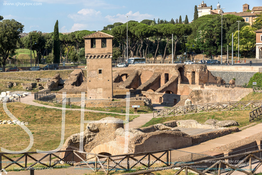 ROME, ITALY - JUNE 22, 2017: Amazing panoramic view of Circus Maximus in city of Rome, Italy