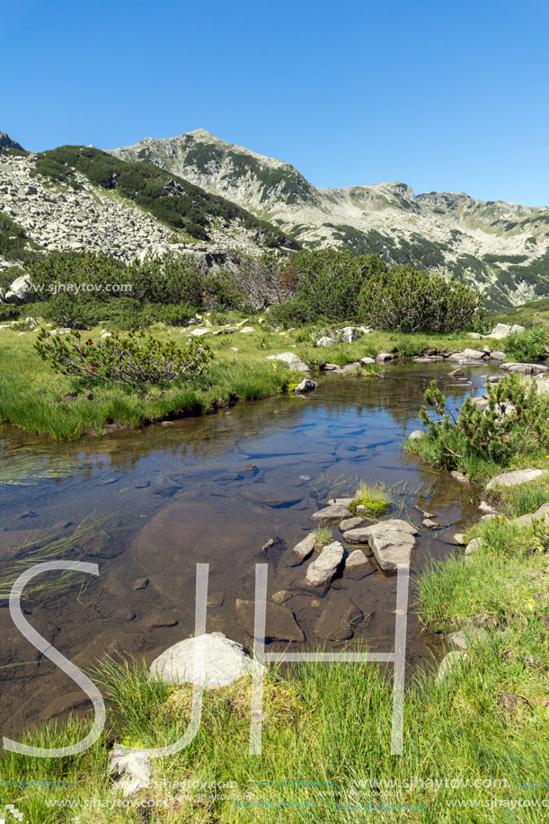 Amazing landscape of Mountain river and Muratov peak, Pirin Mountain, Bulgaria