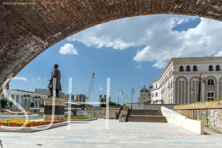 SKOPJE, REPUBLIC OF MACEDONIA - 13 MAY 2017: Skopje City Center, Old Stone Bridge and Vardar River, Republic of Macedonia