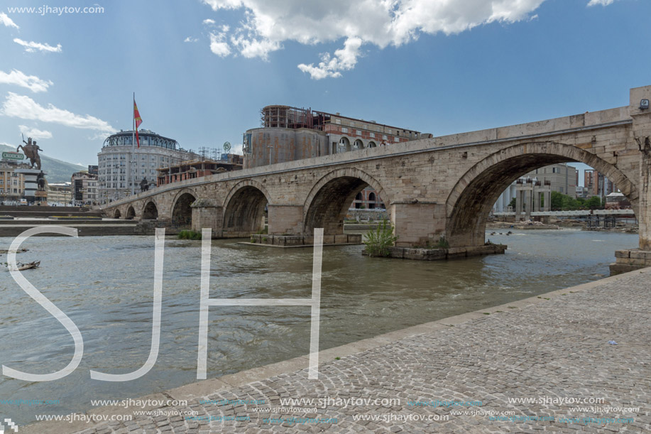 SKOPJE, REPUBLIC OF MACEDONIA - 13 MAY 2017: Skopje City Center, Old Stone Bridge and Vardar River, Republic of Macedonia