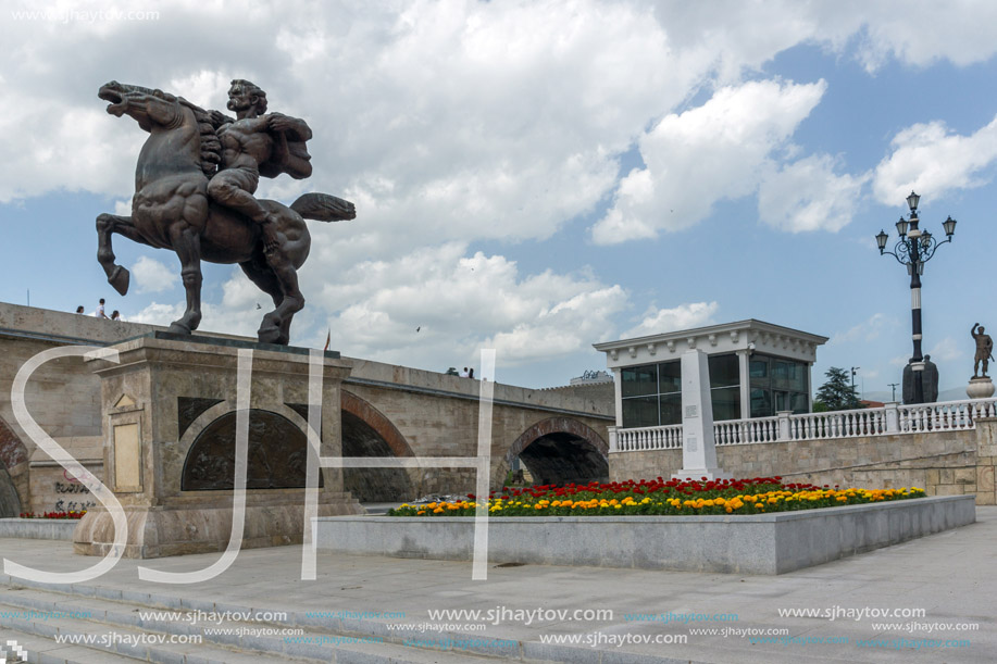 SKOPJE, REPUBLIC OF MACEDONIA - 13 MAY 2017: Skopje City Center, Old Stone Bridge and Vardar River, Republic of Macedonia