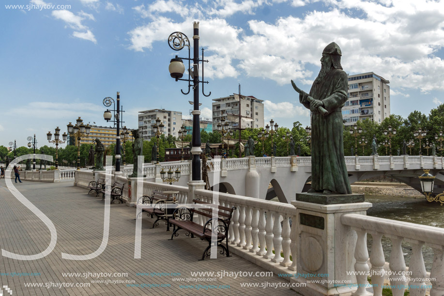 SKOPJE, REPUBLIC OF MACEDONIA - 13 MAY 2017: River Vardar passing through City of Skopje center, Republic of Macedonia