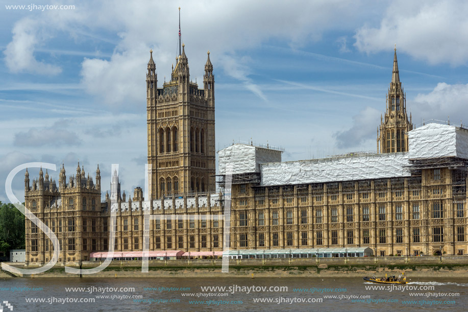 LONDON, ENGLAND - JUNE 19 2016: Cityscape of Westminster Palace and Thames River, London, England, United Kingdom