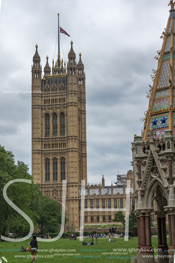 LONDON, ENGLAND - JUNE 19 2016: Victoria Tower in Houses of Parliament, Palace of Westminster,  London, England, Great Britain