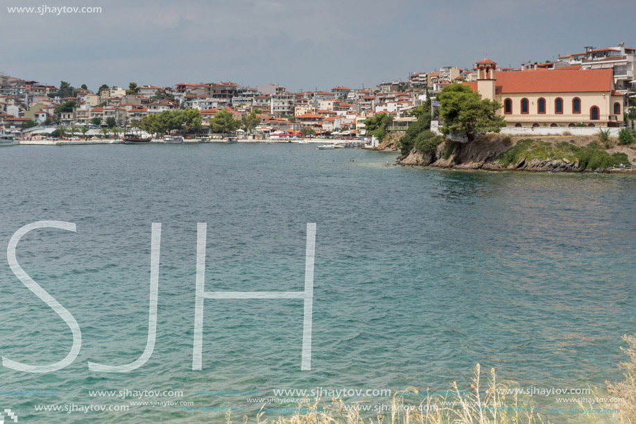 Panoramic view of coastline of town of Neos Marmaras at Sithonia peninsula, Chalkidiki, Central Macedonia, Greece
