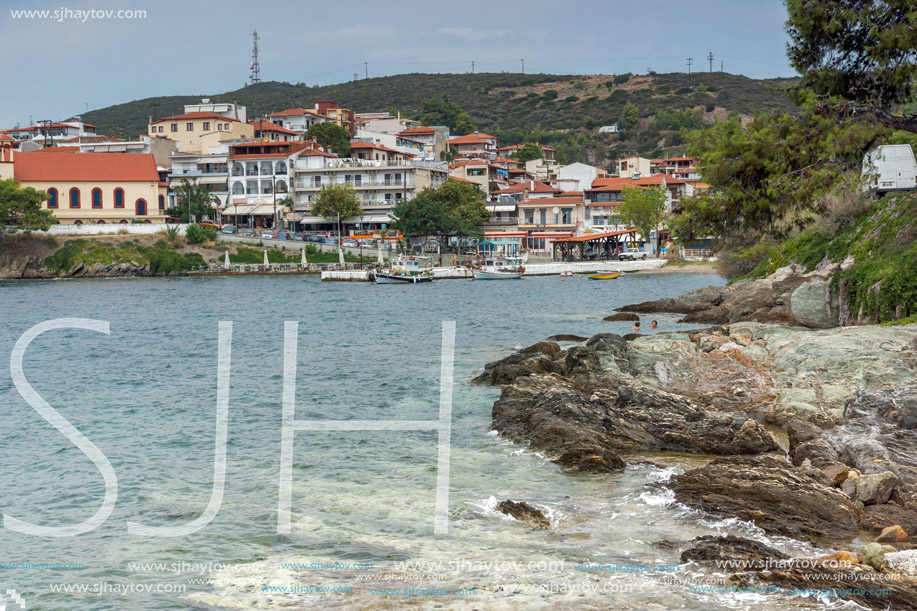 Panoramic view of coastline of town of Neos Marmaras at Sithonia peninsula, Chalkidiki, Central Macedonia, Greece