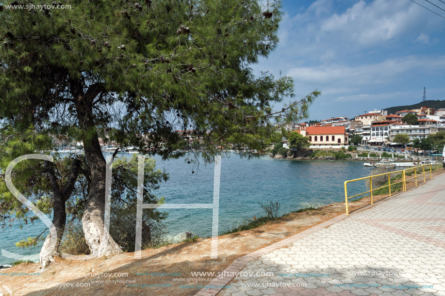Panoramic view of coastline of town of Neos Marmaras at Sithonia peninsula, Chalkidiki, Central Macedonia, Greece