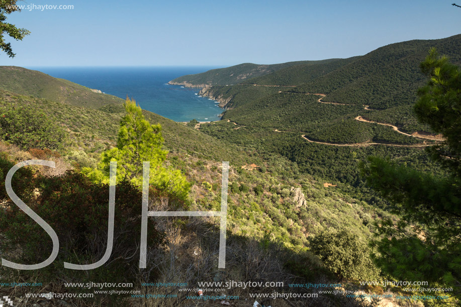 Panoramic view of Mamba Beach Ampelos at Sithonia peninsula, Chalkidiki, Central Macedonia, Greece